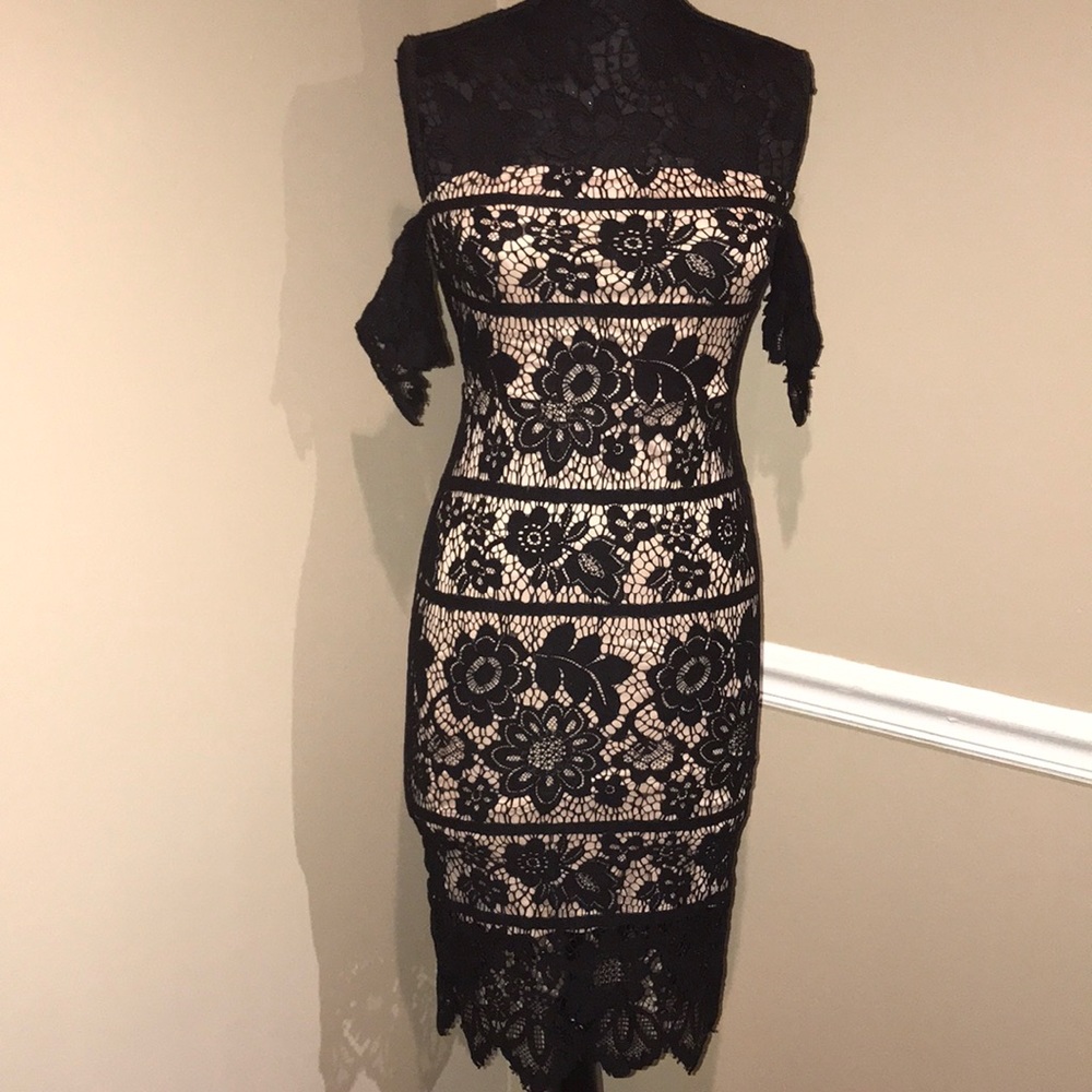 Express black lace halter dress w/ lace sleeves